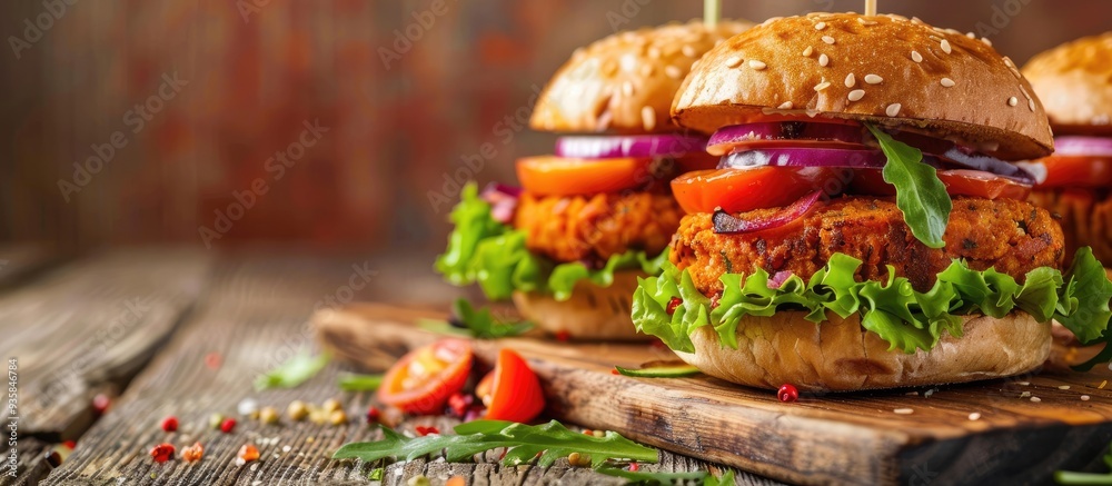 Wall mural closeup of homemade vegetarian aloo tikki burgers on a wooden surface. copy space image. place for a