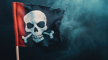 A dramatic pirate flag featuring a skull and crossbones, set against a smoky backdrop, capturing the essence of adventure.
