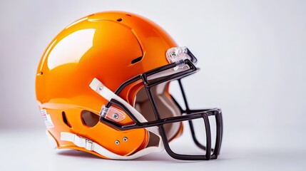 High-quality, side-view image of an orange football helmet on a white background, perfect for sports and safety-related projects.