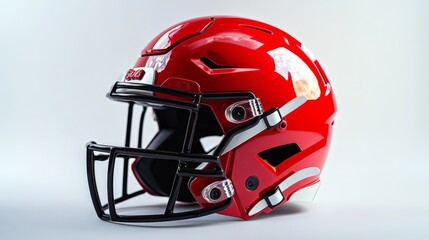 Fototapeta premium High-quality close-up image of a red American football helmet with a white background.