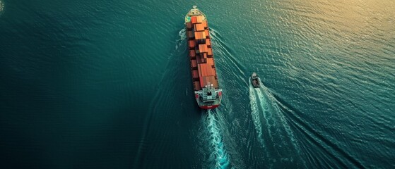 A red cargo ship sails on green sea, trailed by a small boat. The vast water body, ship's wake, and wavy surface denote movement and scale.