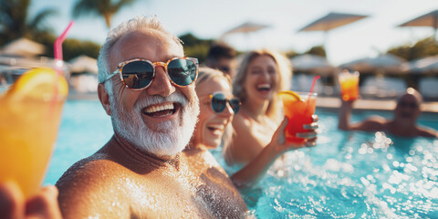 Photo of happy mature senior people at pool party