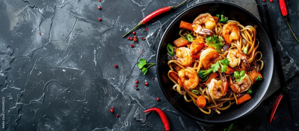 Poster Stir fry noodles with vegetables and shrimp in a black bowl Slate background Top view Copy space