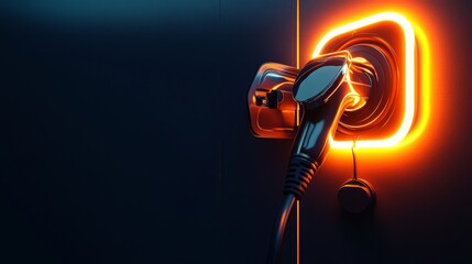 On a dark blue background, a cable with a glow is connected to a charging station for an electric car