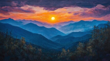 Smoky mountain sunset with generative ai