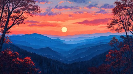 Naklejka premium Smoky mountain sunset with generative ai