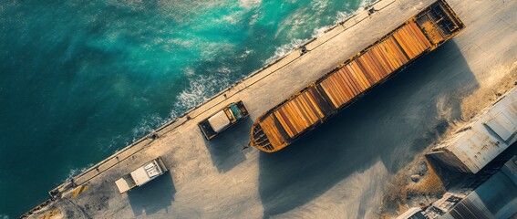 Cargo truck driving over busy port with shipping containers in the background
