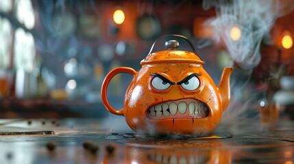 An eerie orange teapot, resembling a Halloween pumpkin, with a menacing face is set on a reflective surface. It exudes a spooky vibe with sharp teeth, white eyes, and spider webs in the backdrop.