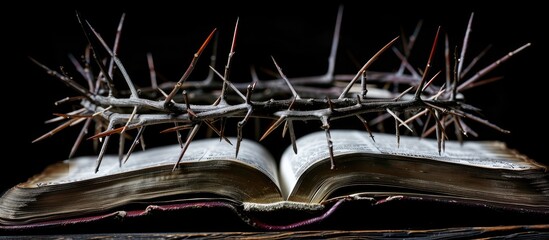 The crown of thorns of Jesus on a holy bible against a black background with copy space can serve as a Christian background or an Easter concept