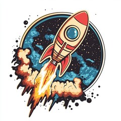 Rocket in space. Sticker, t shirt design. Isolated on white background. Ai Generative