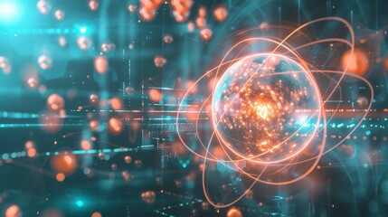 Illustration of atom model: vibrant nucleus, blue particles (protons/neutrons), orange electron shell, futuristic cyberpunk theme, dynamic visuals.