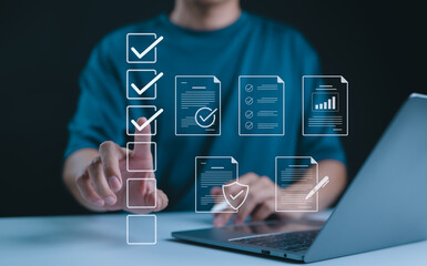 Digital form checklist, Online survey concept. Person interacts with digital form checklist on...