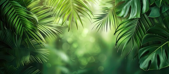Palm leaves in the rainforest Gorgeous tropical backdrop Web banner. Copy space image. Place for adding text and design