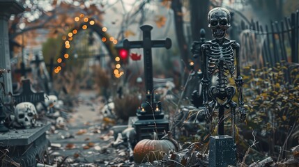 Skeleton yard with haunted ambiance and gravestones for Halloween decor
