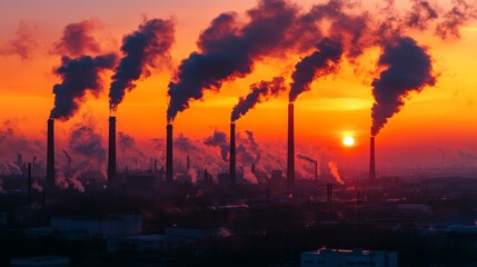 Industrial factories emitting smoke at sunset, illustrating pollution and environmental impact with a striking orange and red sky backdrop.