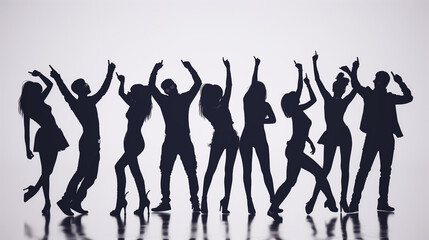 Silhouettes of dancers partying together on white background