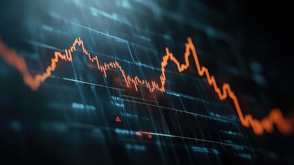 Fototapeta premium Dynamic stock market graph with orange line, showcasing financial trends and data analytics on a dark background.