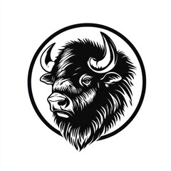 Fototapeta premium Black and white flat vector art illustration of a bison in a circular stamp logo style, svg design, isolated on white background, simple vector art design