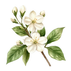 Beautiful watercolor illustration of a delicate white flower branch with lush green leaves, perfect for nature-themed designs.