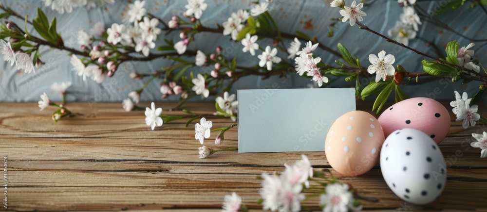 Poster Easter eggs and flowers alongside a blank card on a wooden table. Copy space image. Place for adding text and design