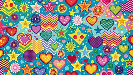 Naklejka premium Colorful and vibrant wallpaper background with playful and whimsical patterns including stars, hearts, circles, and zigzags