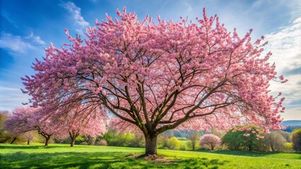 Flowering tree in full bloom with pink blossoms standing out in springtime nature setting