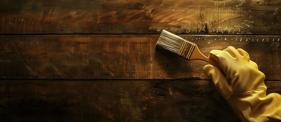 A gloved hand holds a paintbrush above a wooden surface safeguarding the wood from external factors and weathering It involves carpentry wood treatment diligent efforts home improvement and a do it y