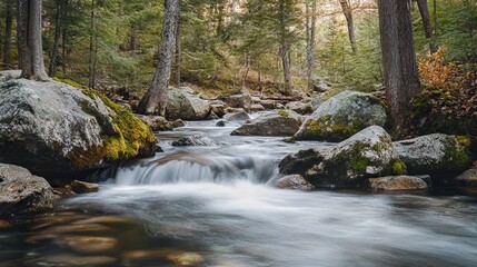 Fototapeta premium Pristine Alpine Stream Flowing Over Smooth Rocks, Surrounded by Moss-Covered Boulders and Tall Evergreen Trees. AI generated illustration