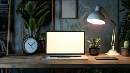 mockup laptop workspace with blank laptop screen 