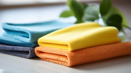 A close-up of microfiber cloths and natural cleaning solutions,