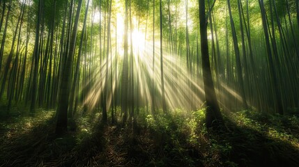 Sunlight Piercing Through a Dense Bamboo Forest, Creating Intricate Patterns of Light and Shadow on the Forest Floor. AI generated illustration