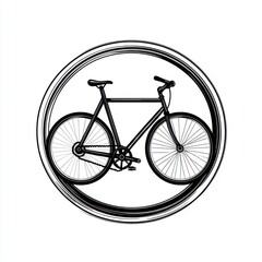 Naklejka premium Black and white flat vector art illustration of a bicycle in a circular stamp logo style, svg design, isolated on white background, simple vector art design