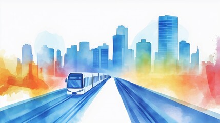 Urban transportation site, aesthetically pleasing layout, watercolor style