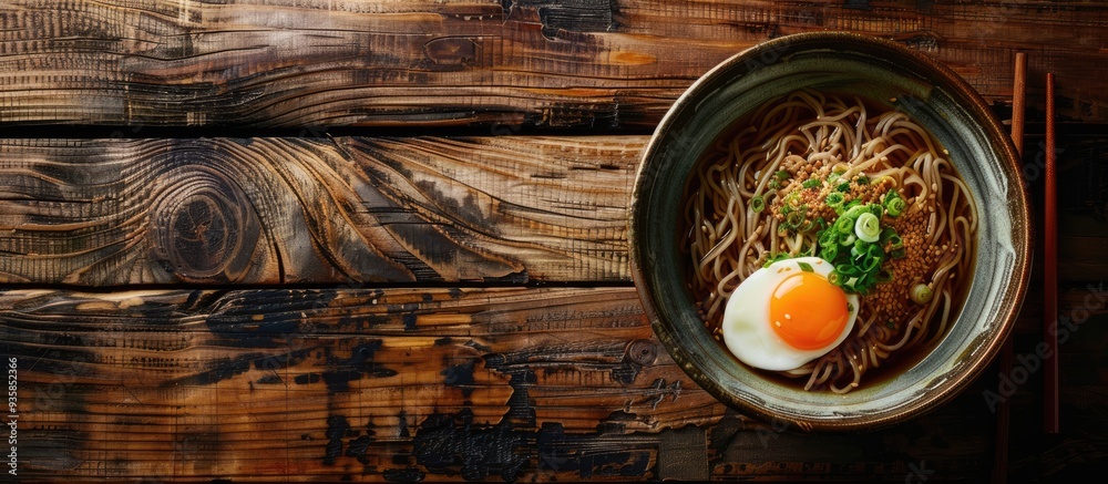 Wall mural Warm soba with egg. Copy space image. Place for adding text and design