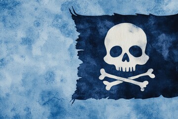 Fototapeta premium A weathered pirate flag featuring a skull and crossbones against a textured blue background, perfect for adventurous themes.