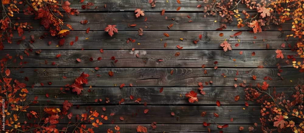 Poster autumn leaves on wooden planks autumn backdrop. copy space image. place for adding text and design