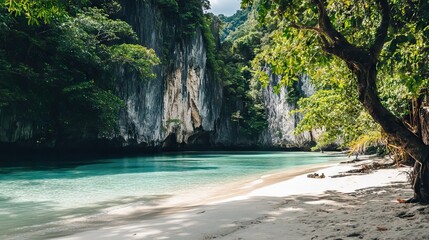 Obraz premium Secluded Cove with Turquoise Waters and White Sandy Shores, Nestled Among Towering Cliffs and Lush Vegetation. AI generated illustration
