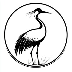 Fototapeta premium Black and white flat vector art illustration of a crane in a circular stamp logo style, svg design, isolated on white background, simple vector art design 