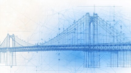 Blueprint of suspension bridge, intricate details and measurements, watercolor style