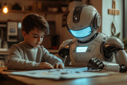 A boy does his schoolwork at his desk while a futuristic robot tutor watches him and provides assistance.