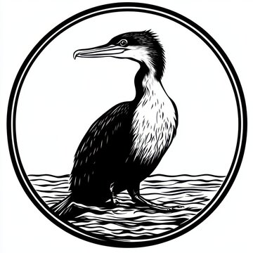 recommend clip art: Black and white flat vector art illustration of a cormorant in a circular stamp logo style, svg design, isolated on white background, simple vector art design 