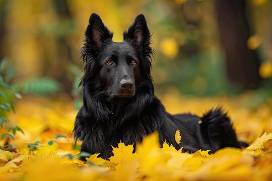 A black dog lying in autumn leaves. This image is great for websites and social media posts about pets, nature, and the fall season.