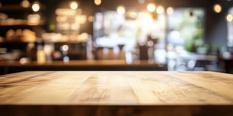 Wooden Table in Blurred Cafe Background