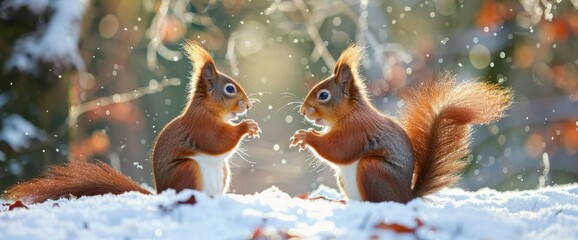 Naklejka premium Two Red Squirrels in the Snow