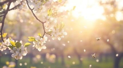 Peaceful Spring Orchard with Fruit Trees in Blossom, Soft Sunlight Filtering Through Branches, and Bees Buzzing Among the Flowers. AI generated illustration
