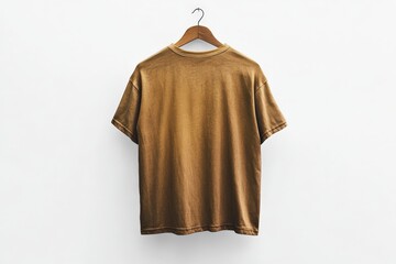 A plain vintage brown t-shirt is displayed on a wooden hanger against a clean white background, showcasing the garment&rsquo;s timeless and simplistic design perfect for everyday use.