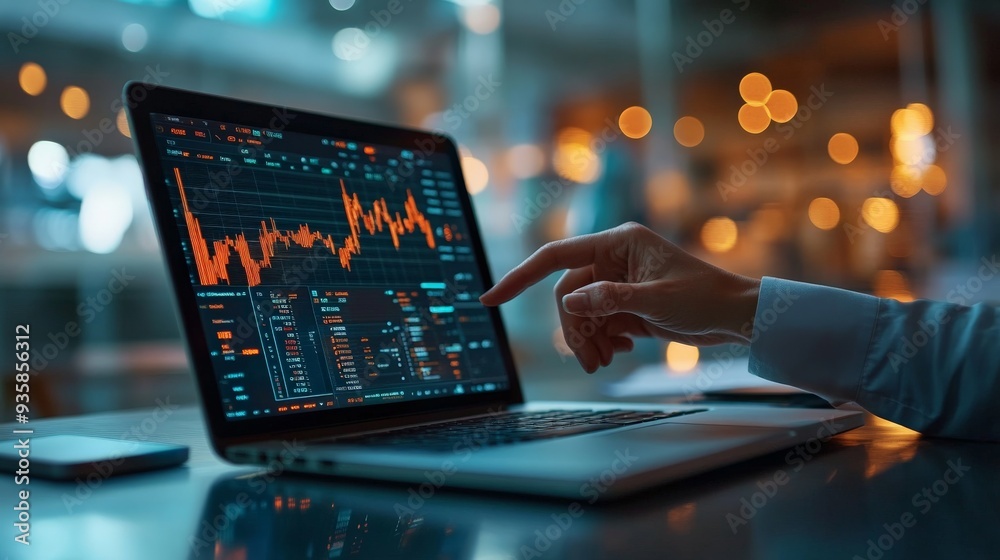 Aufkleber A person analyzing dynamic stock market trends displayed on a laptop screen within a modern office, reflecting financial activities and strategic decision making in the workplace.