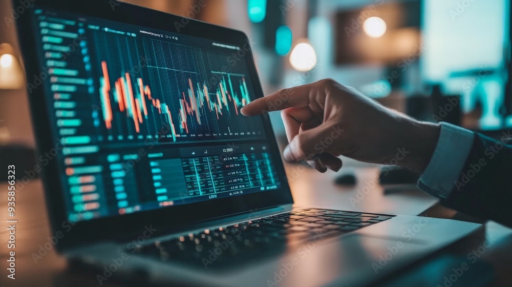 Fototapete a finger pointing to fluctuating colorful data visualizations on a laptop screen, representing the a
