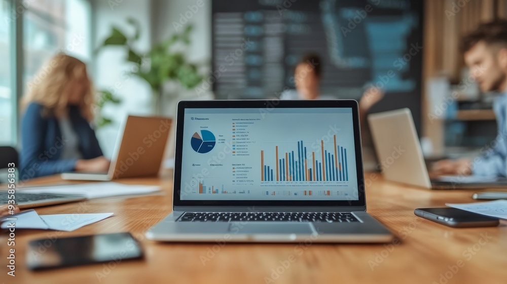 Poster A focused business meeting in a modern office with a laptop displaying various financial charts and graphs, highlighted on a wooden table among discussions and papers.