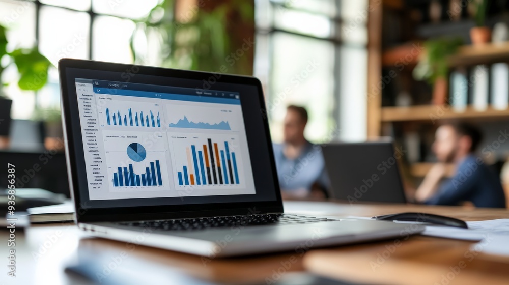 Fototapete a well-organized modern workspace featuring a laptop on a wooden desk displaying financial metrics a